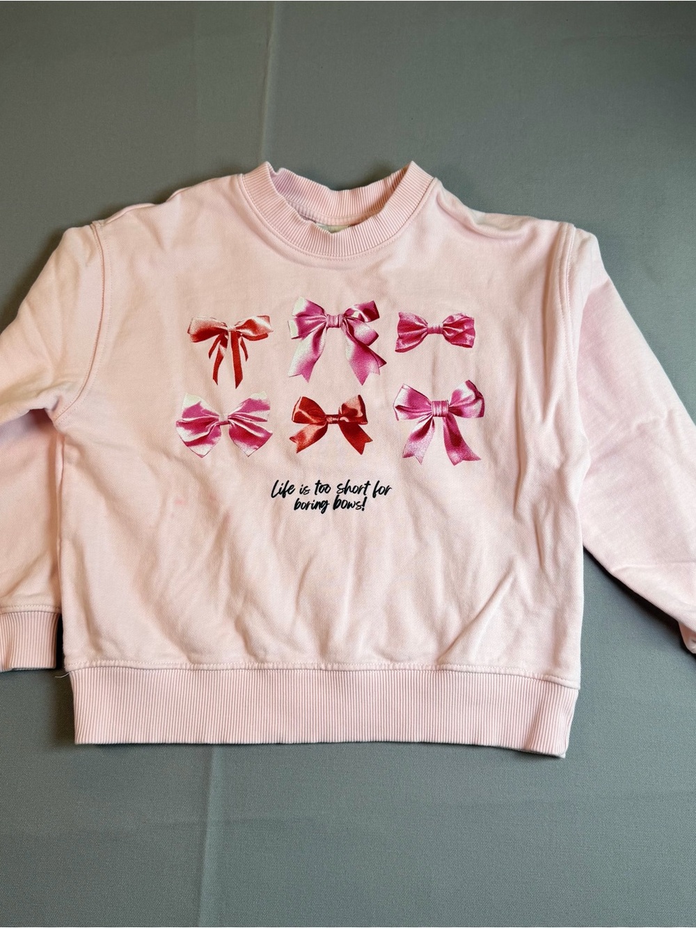 Zara Girls 8-9years Light Pink Bow Print Crewneck Sweatshirt ‘Life’s Too Short’